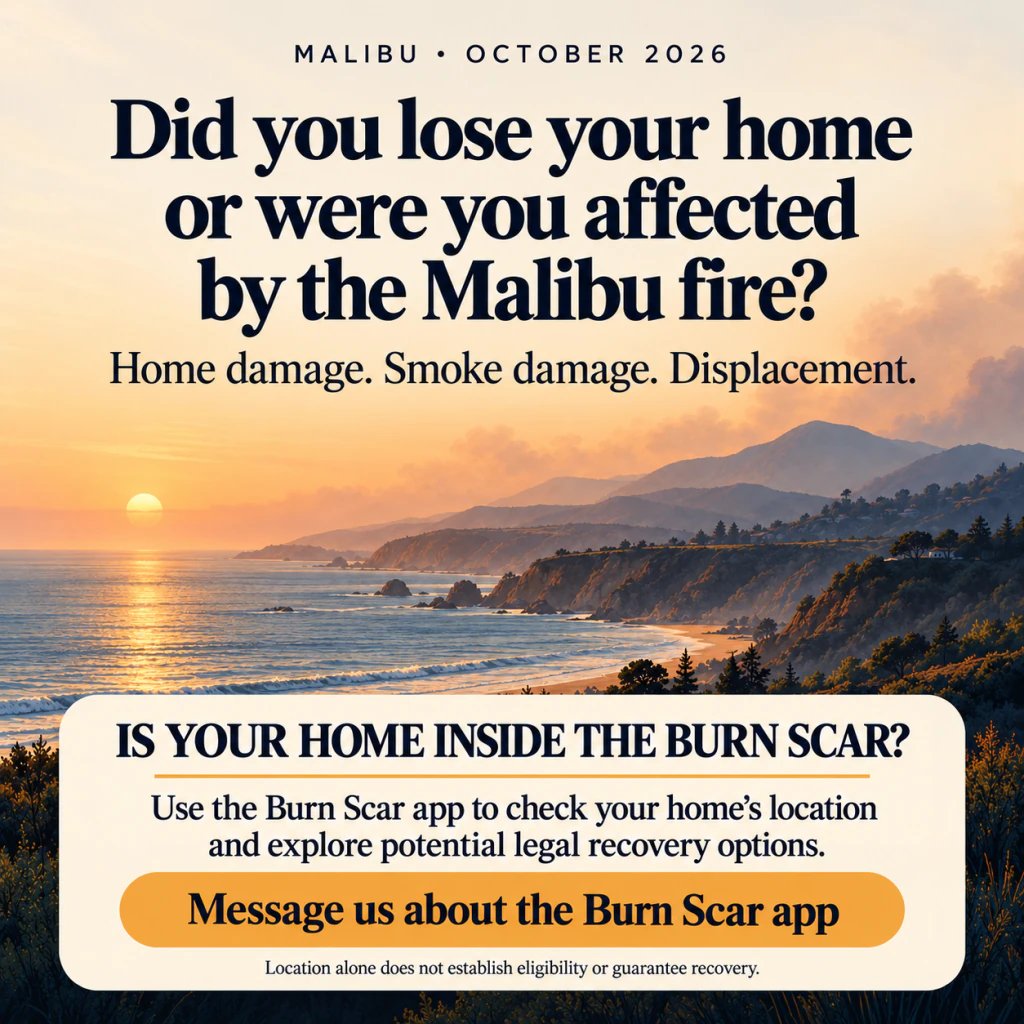 Malibu wildfire information graphic asking whether a home was affected by the Malibu fire, describing home damage, smoke damage and displacement, and inviting people to check a home's location and explore potential legal recovery options.